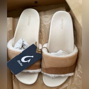 OluKai Tan and Cream Slide Sandals